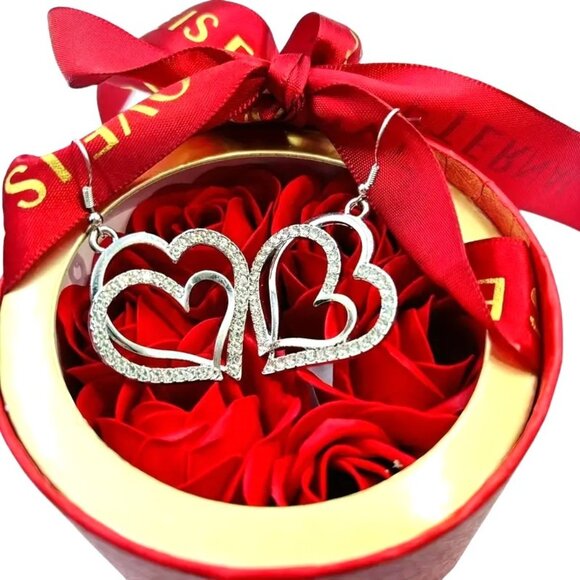 Heart-Shaped Silver Tone Dangle Earrings With Rhinestones - 6cm Drop‎ Length - Picture 1 of 4